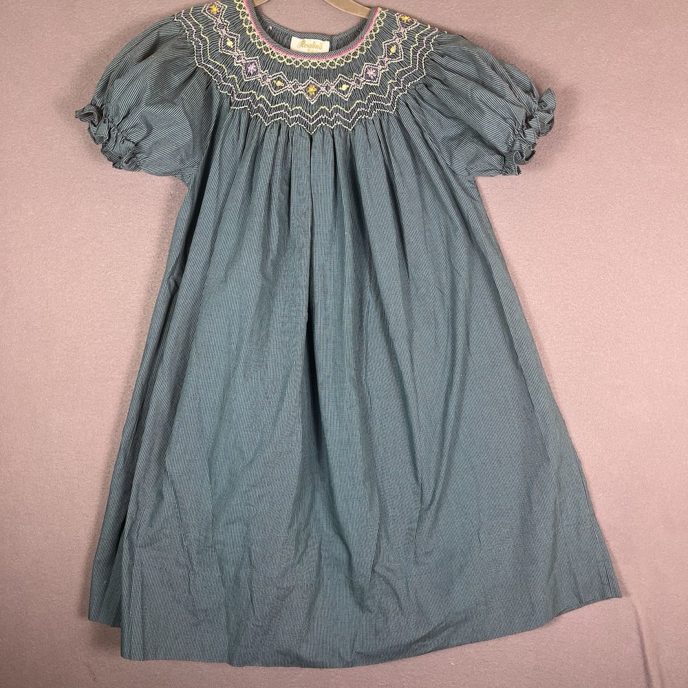 VTG Rosalina Collection Green Gingham Smocked Short Sleeve Girls Dress 5T